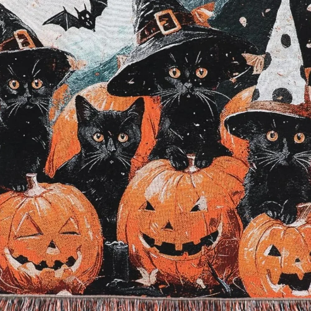 Vintage Kittens with Pumpkins Halloween Blanket Sofa Throw